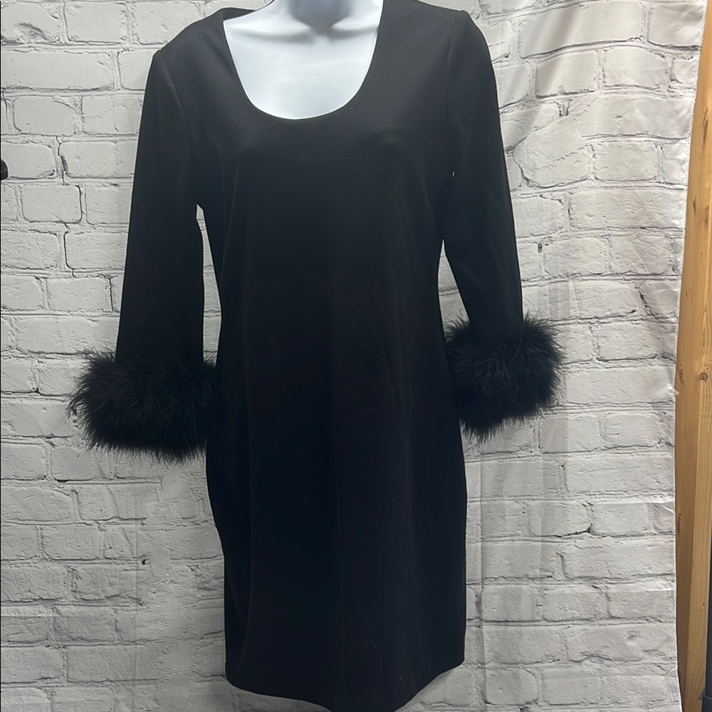 Elegant Calvin Klein Black Dress with Fur Cuffs